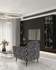 Elegant modern living room featuring a zebra print armchair and stylish lighting in Israel.