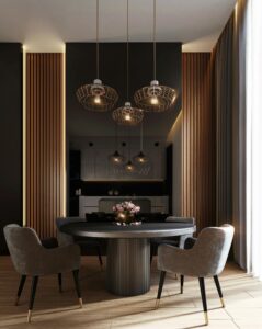 A sophisticated, contemporary dining room with elegant lighting and luxurious furnishings.